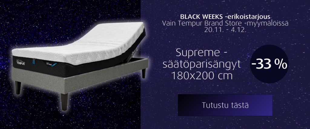 Black Weeks -erikoistarjous: Supreme-säätöparisängyt -33 % Tempur Brand Storessa